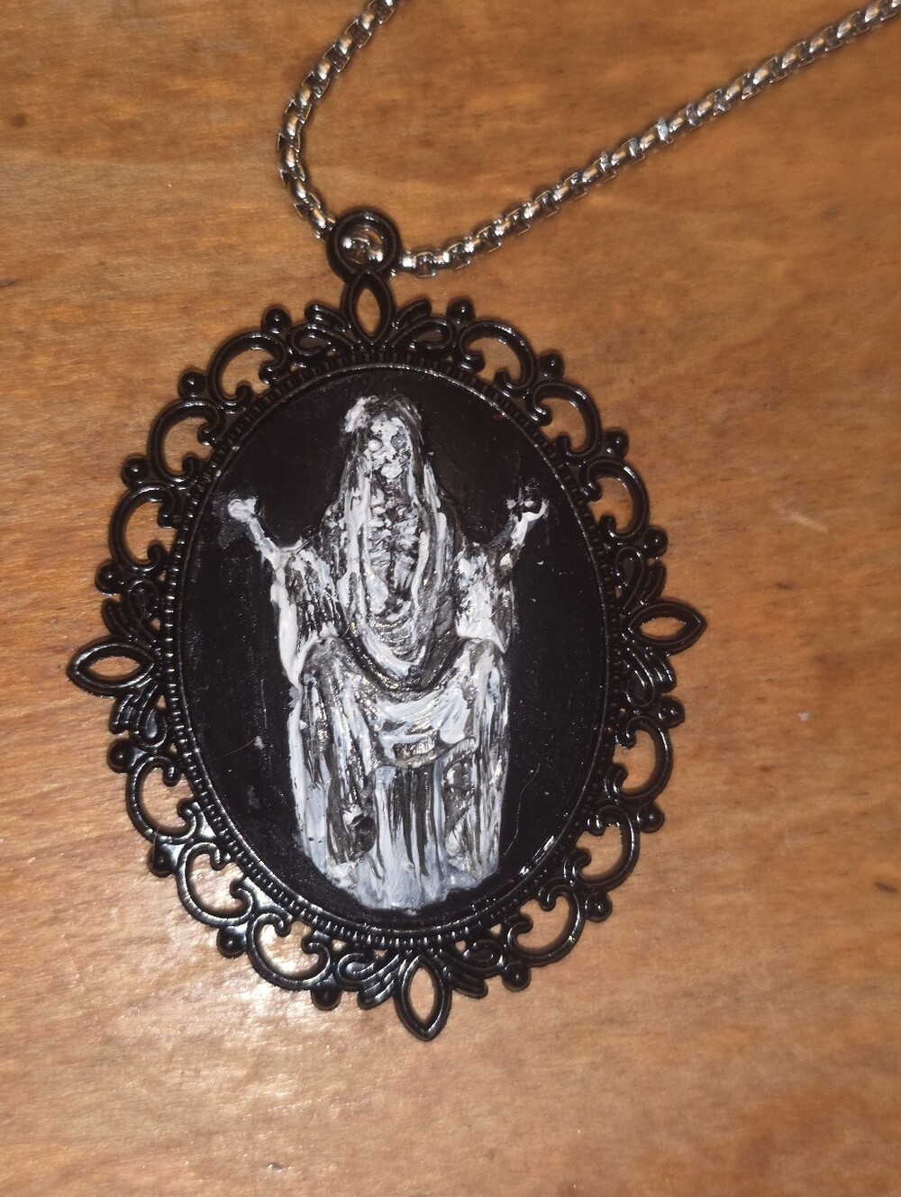 Handpainted Ðistressed Ghoul / Ghost Necklace In Black Metal Frame On Chain